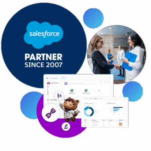 Salesforce partner badge, two women shaking hands, Salesforce interface screenshots, and Salesforce mascot with DNA icon on colorful background.