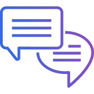 Two overlapping speech bubbles with horizontal lines representing text, drawn with blue and purple gradient outlines on a light background.
