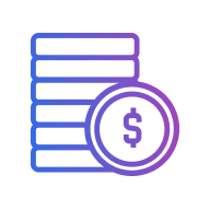 Gradient outline icon of stacked coins with a dollar sign on a coin in the foreground, symbolizing money or financial concepts.