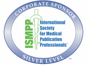 ISMPP Silver Level Corporate Sponsor badge featuring the International Society for Medical Publication Professionals logo within a blue and silver oval border.