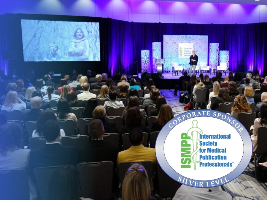 A speaker addresses a seated audience at a conference. A large screen displays a photo, and an International Society for Medical Publication Professionals (ISMPP) Silver Level Sponsor logo is visible in the foreground.