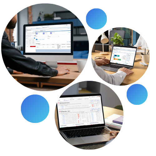 Medical Affairs (1) Three people use laptops and a desktop computer displaying business software, shown in separate circular frames on a light background with blue gradient circles.