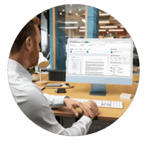 A man in a white shirt sits at a desk using a desktop computer with a document management interface displayed on the monitor.