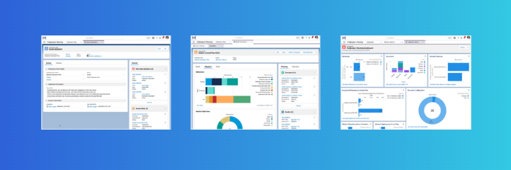 Three computer screens display different dashboard interfaces with charts, graphs, and data visualizations on a blue gradient background.