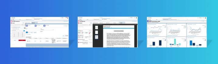 Three computer screenshots display different user interfaces: a form input screen, a document viewer, and a dashboard with charts and graphs, all on a blue gradient background.