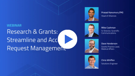 Webinar titled "Research & Grants: Streamline and Accelerate Request Management" with photos and titles of four speakers on a blue background.