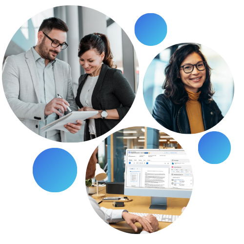 Three circular images: one of two professionals discussing documents, one of a smiling woman in glasses, and one of hands working at a computer with documents displayed on the screen.