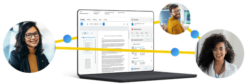 A laptop displaying a document editing interface is connected by yellow lines to three people in circular profile images, suggesting online collaboration.