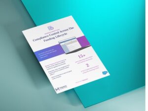A flyer titled "Compliance Control Across The Funding Lifecycle" lies on a teal surface, featuring text, graphics, and statistics about funding compliance solutions.