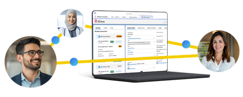 A laptop displaying a dashboard connects to three professionals, two women and one man, via yellow lines, suggesting digital collaboration or networking.