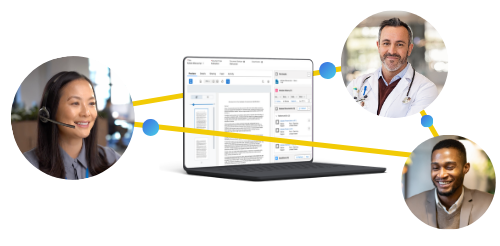 A laptop screen displaying documents connects to three people: a woman with a headset, a man in a lab coat, and a man in a suit, suggesting remote collaboration.