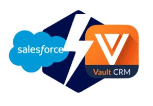 Logos of Salesforce and Vault CRM are separated by a white lightning bolt, suggesting a split between the two platforms.