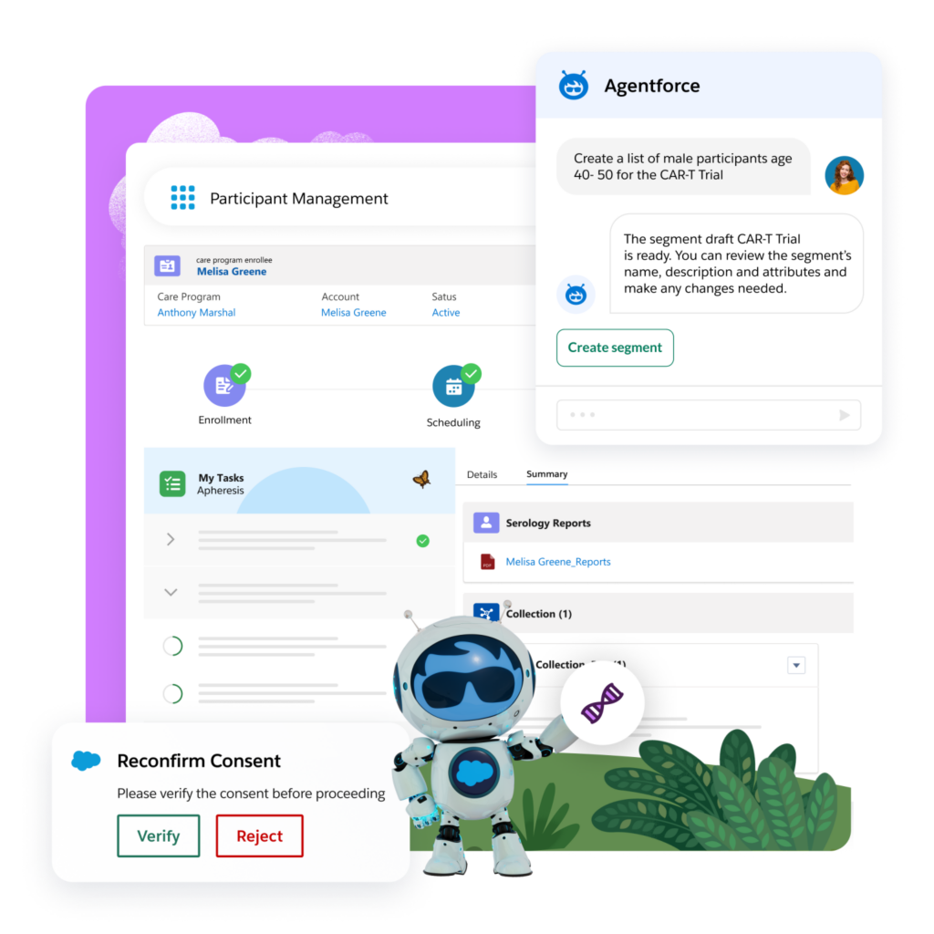 Screenshot of a participant management dashboard with tasks, reports, and a robot mascot giving prompts about consent and creating participant segments.