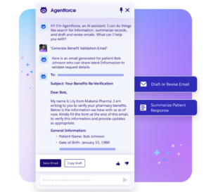 A digital AI assistant interface displays a drafted benefit validation email for a patient named Bob Johnson, with options to send, copy, or summarize the response.