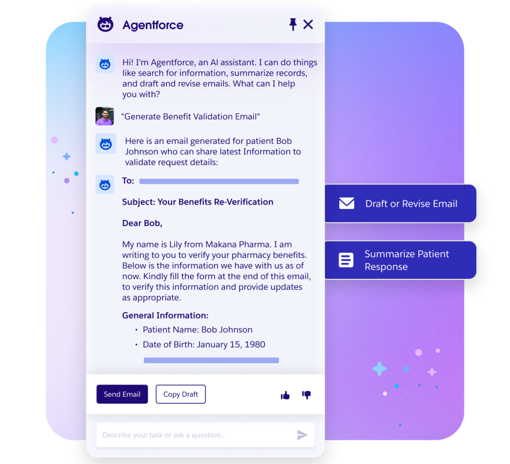 A digital AI assistant interface displays a drafted benefit validation email for a patient named Bob Johnson, with options to send, copy, or summarize the response.