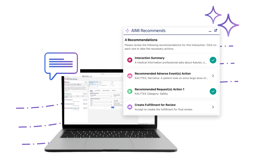 A laptop displays a software dashboard with a pop-up window listing four recommendations under the heading "AIMI Recommends." Purple icons and accent lines decorate the background.