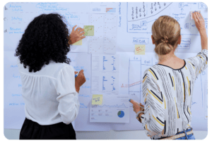 Two women stand in front of a whiteboard covered with charts, diagrams, and notes, discussing and pointing at various sections of the displayed materials.