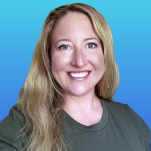 Woman with long blonde hair wearing a green shirt, smiling at the camera, with a blue gradient background.
