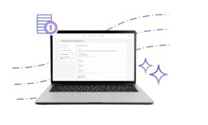 A laptop displaying a dashboard with research project details, next to database and sparkle icons on a white background.