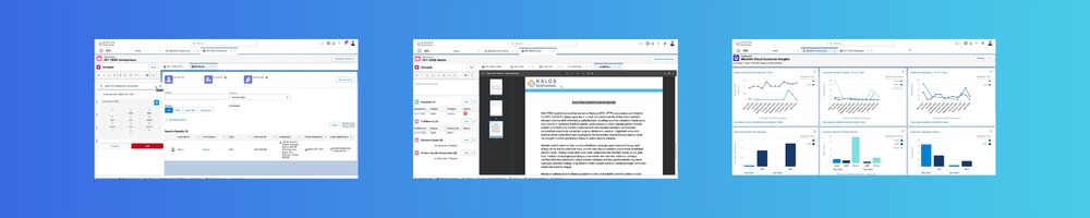 Three computer screenshots: a data input form, a document editing interface, and a dashboard with charts and graphs, displayed on a blue gradient background.