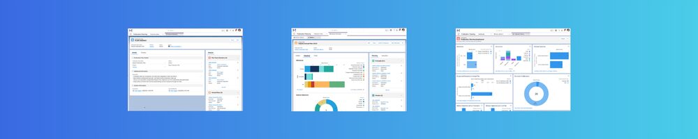 Three computer screens display different dashboard interfaces with charts, graphs, and data on a blue gradient background.