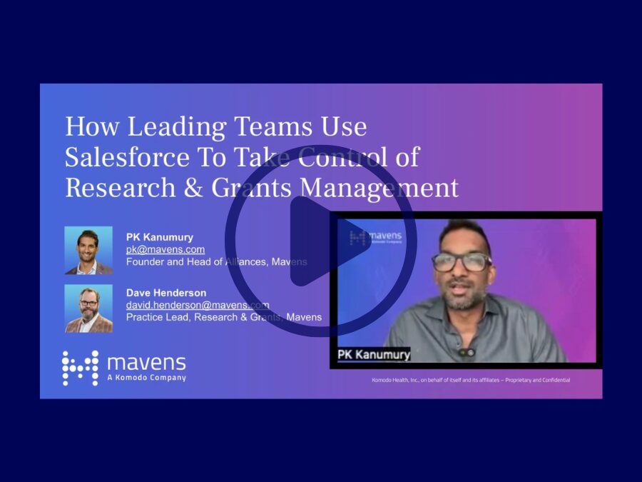 Video thumbnail titled “How Leading Teams Use Salesforce To Take Control of Research & Grants Management,” featuring speaker PK Kanumury and contact information for PK Kanumury and Dave Henderson.