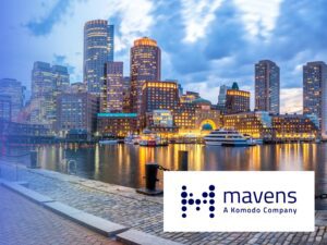 Boston skyline at twilight reflected in the harbor with the Mavens company logo in the foreground.