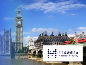 Big Ben and the Houses of Parliament in London with a Mavens company logo overlay.