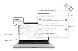 Laptop displaying a Medical Information Cloud interface with a list of four recommended actions for a patient interaction.